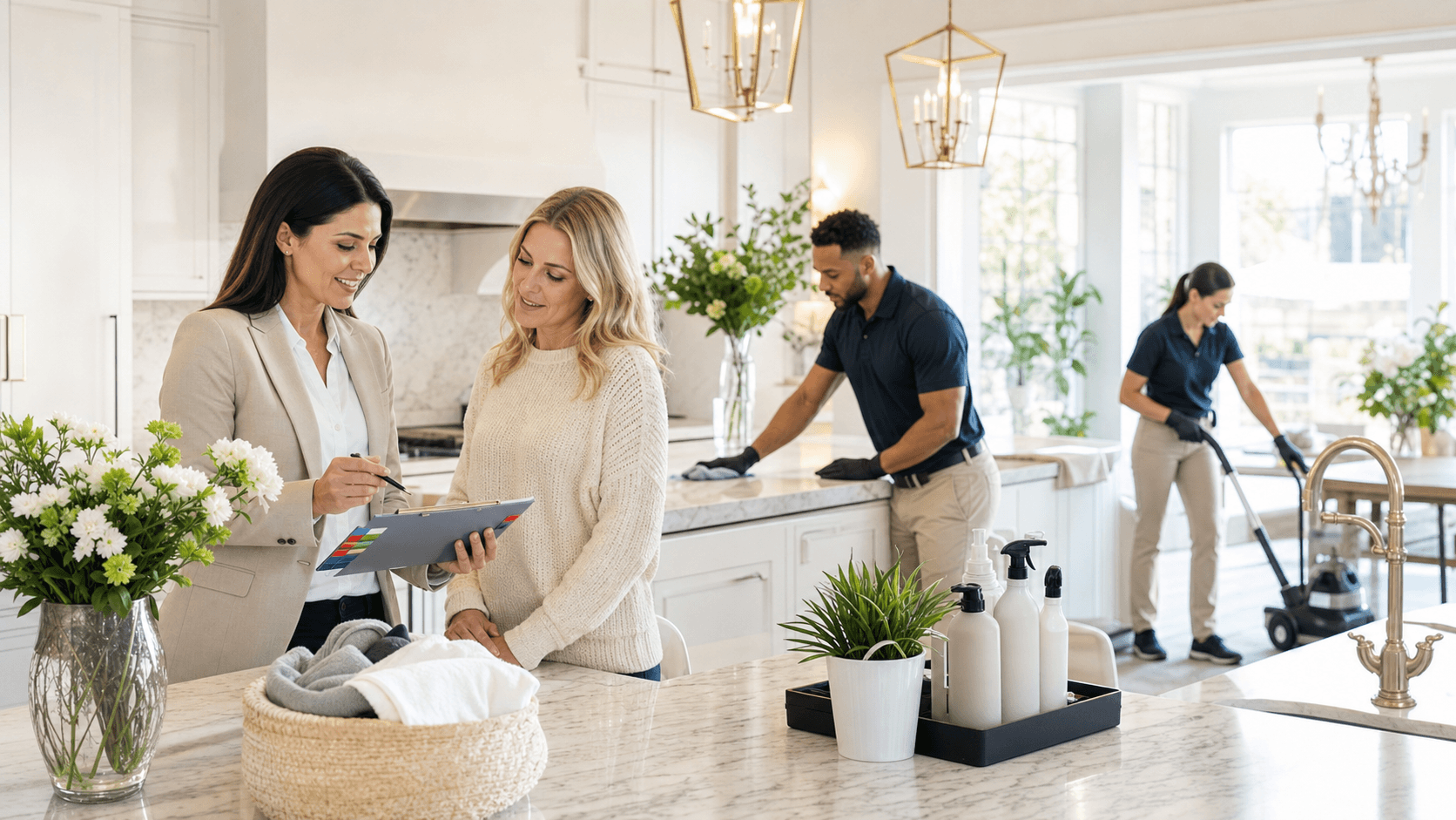 Split scene: person with clipboard beside a mop and bucket, warm light, clean modern kitchen in background