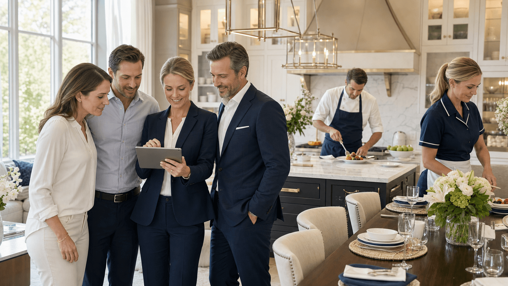Sunlit modern kitchen with a smiling family at breakfast as a uniformed staff member serves coffee, warm neutral tones